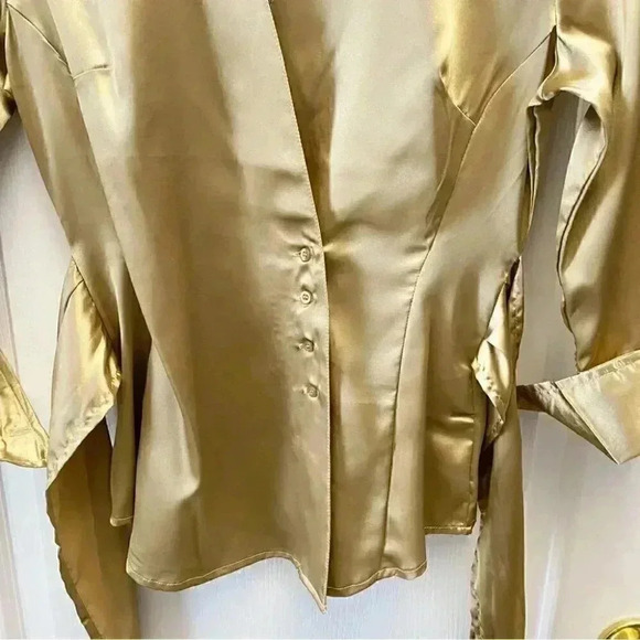 Suzy Shier Wrap Blouse Gold Satin V Neck Tie Waist 3/4 Sleeve Sash  Belt Size XS - Picture 9 of 16